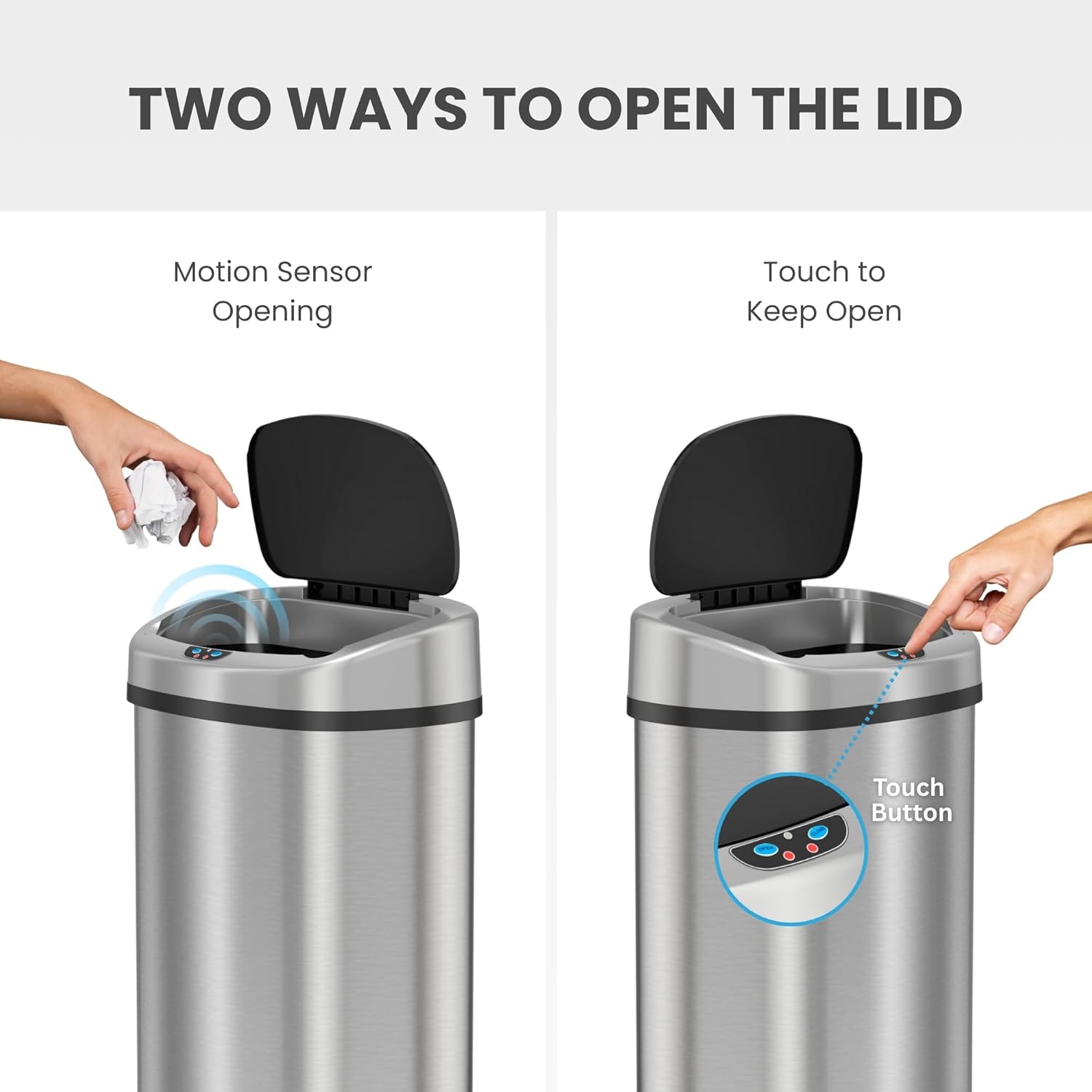 SensorCan 13 Gallon Sensor Trash Can with Wheels and AbsorbX Odor Control System, Stainless Steel, Oval Shape Automatic Kitchen and Office Garbage Bin (Powered by Battery or Optional AC Adapter)
