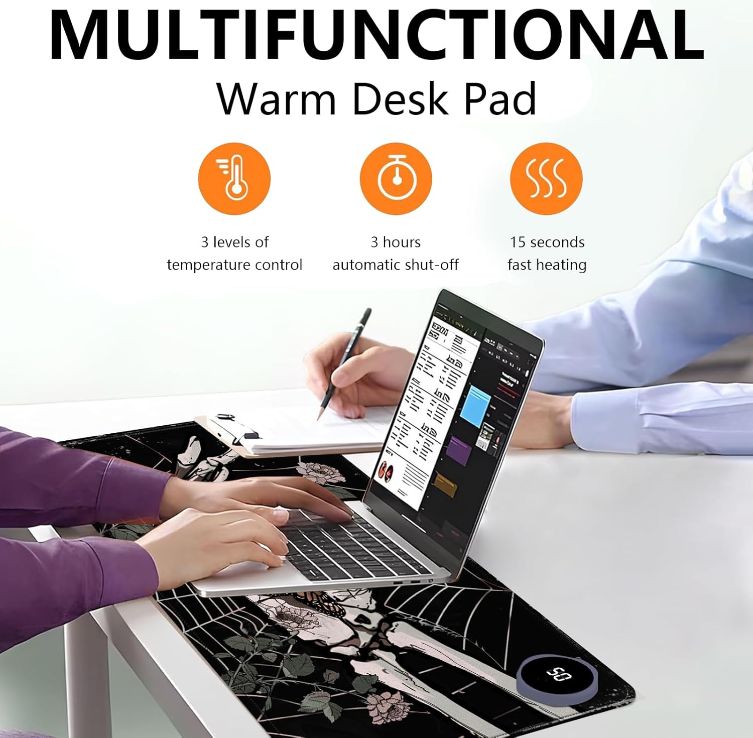 Heated Mouse Pad with 3 Levels Heated & 3 Hours Auto Shut-Off Mouse Pad for Warming Hands in Office Home, 31.5" x 13"Large Safe Desk Mat Hand Warmer，Skeleton Hand Spider Web