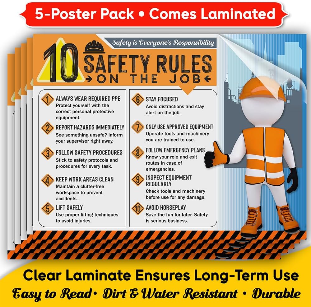 10 Safety Rules on the Job Poster 2026 Version – 18x24 Durable Laminated Safety Sign, Tear-Resistant, Waterproof Workplace Safety Poster for Industrial and Construction Settings (Pack of 5)