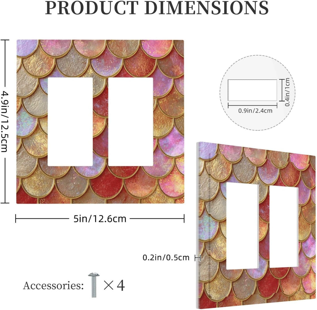 Mermaid Glitter Scale Rainbow Gold Fish Scales Decorative Outlet Covers 2 Gang Double GFCI Rocker Electrical Wall Panels Light Switch Cover Plate for Bed Room Home Decor