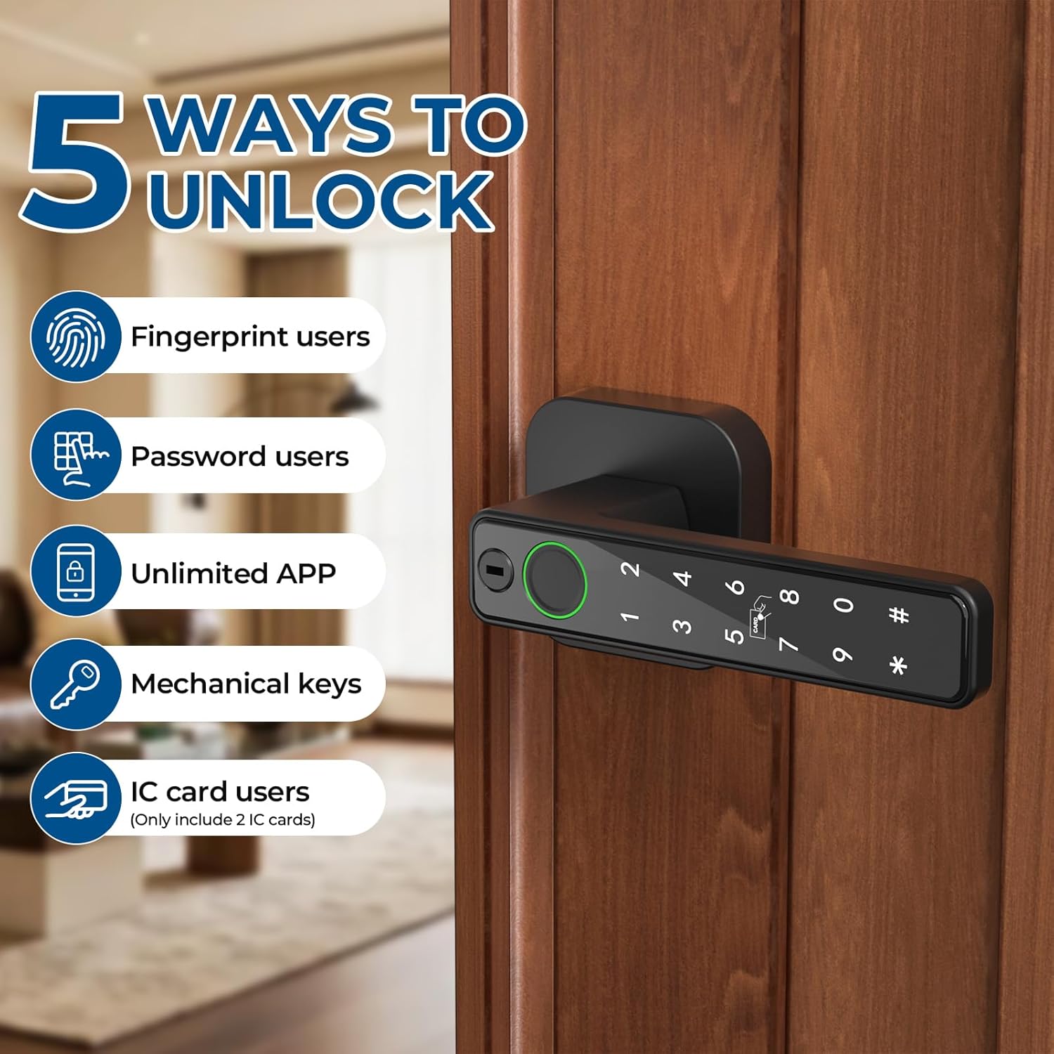 FITNATE Smart Fingerprint Door Lock, Keyless Entry Door Lever with APP, IC Card, Code, Key & Biometric Unlock for Bedroom, Home, Hotel, Office, Apartment