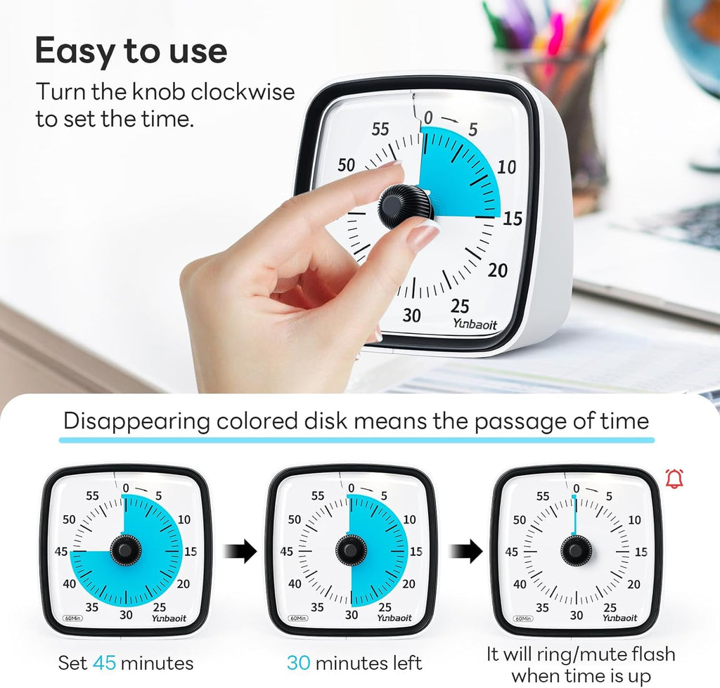 Yunbaoit Visual Timer with Night Light, 60-Minute Countdown Timer for Kids and Adults, Silent Classroom Timer, Time Management Tool for Home, School, or Work (Dark Black)