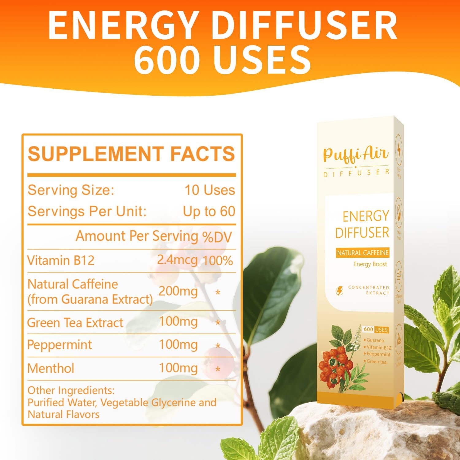 PUFFIAIR Focus Energy Duo Herbal Diffuser Pen Set | Mullein and Caffeine Inspired Blends | Green Orange | 2 Count