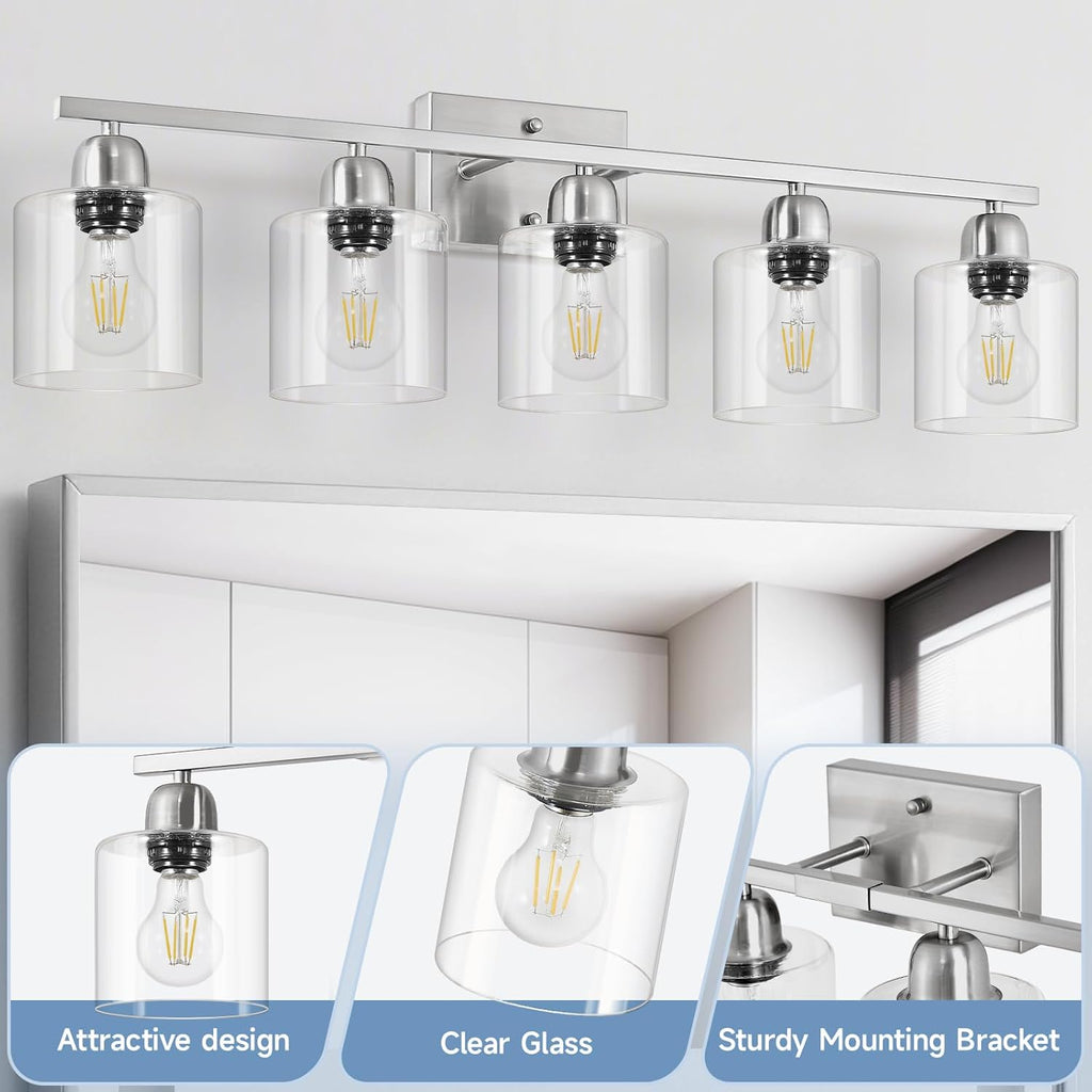 Modern Brushed Nickel 5 Light Bathroom Vanity Light, 31 inch Bathroom Lights Fixtures, Vanity Lights for Mirror Kitchen Living Room Hallway Cabinet Porch