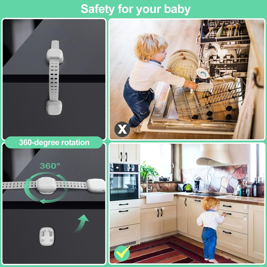 6 Pack Baby Proofing Cabinet Locks, Child Safety Locks with Adjustable Strap Latches for Cabinets and Drawers,Door,Dishwasher,Fridge,Toilet Seat,Cupboard,Trash Can,Washer (White)