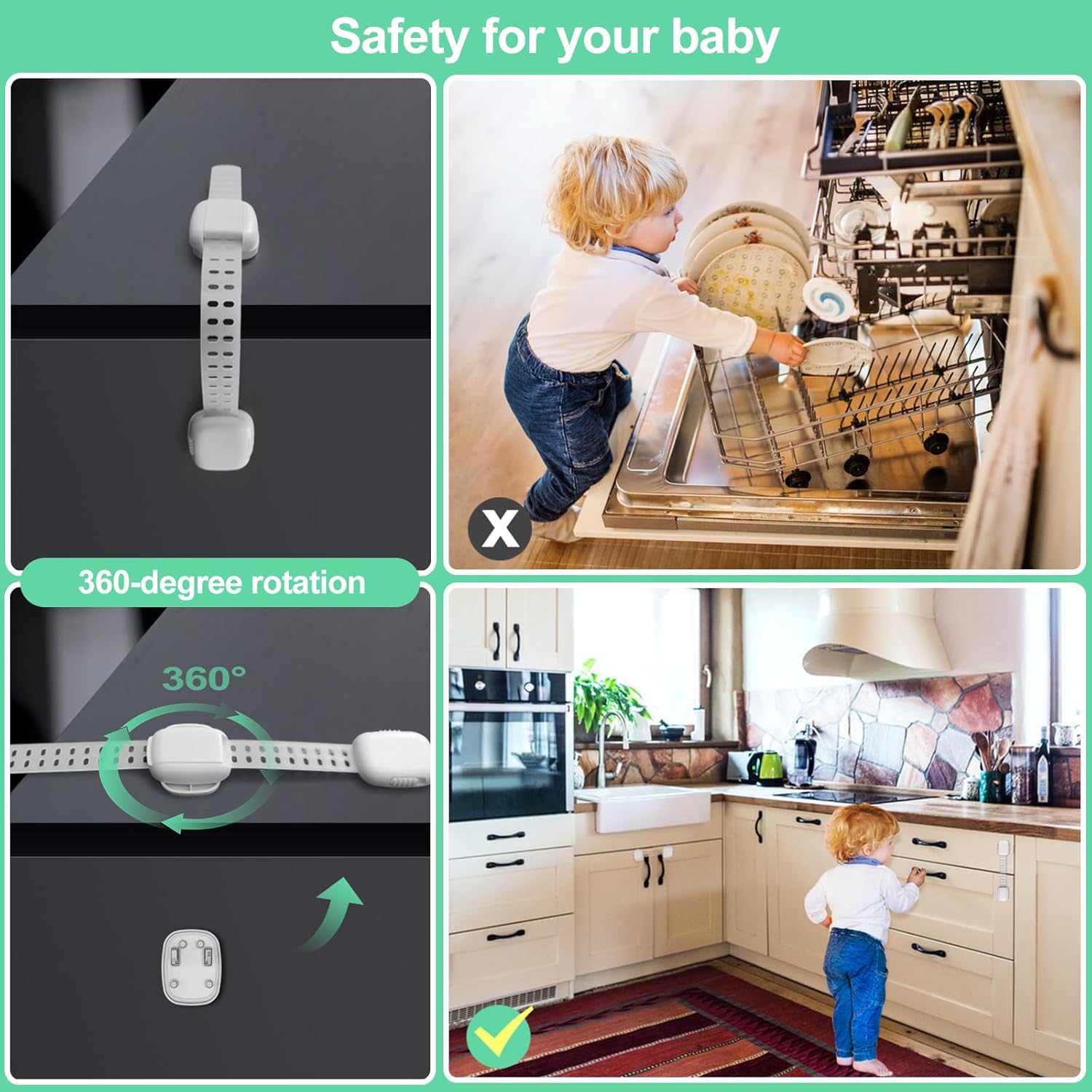 6 Pack Baby Proofing Cabinet Locks, Child Safety Locks with Adjustable Strap Latches for Cabinets and Drawers,Door,Dishwasher,Fridge,Toilet Seat,Cupboard,Trash Can,Washer (White)