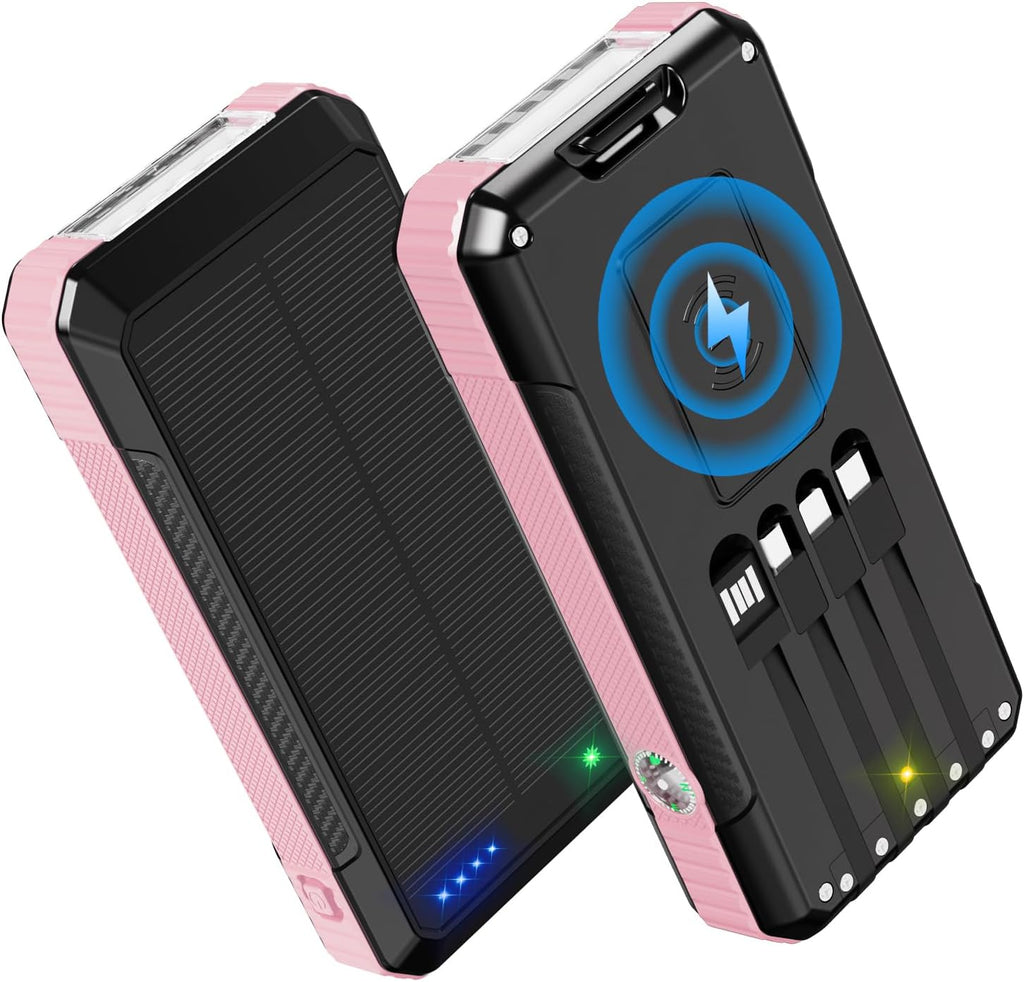 Solar Charger Power Bank 49800mAh, Portable Phone Wireless Charging Built-in 4 Cables 22.5W Fast Charging,Type-C Input/Output Port Solar Panel Charger with Flashlights&Compass for Camping（Pink