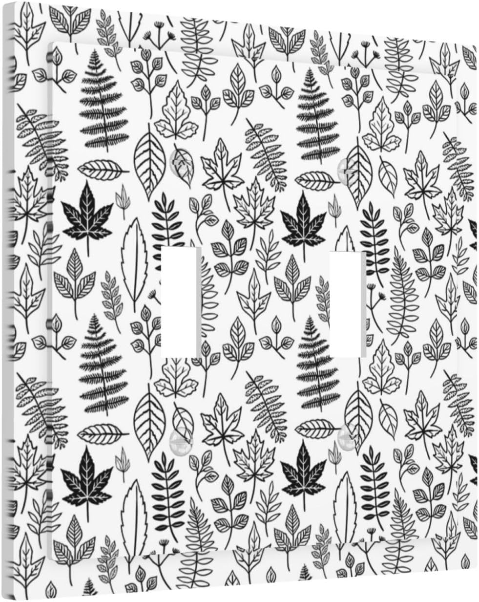 Black White Leaf Wheat Maple Leaf Plant Decorative Switch Plates 2 Gang Double Toggle Outlet Light Switch Cover Wall Plate Electrical Faceplate for Bedroom Bathroom Decor