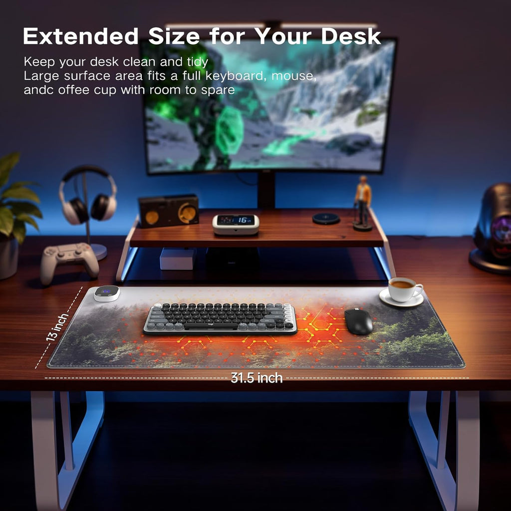 iCasso Heated Mouse Pad, XL Big Desk Pad with 4 Heating Levels & 4 Auto Shut-Off Levels for Computer Keyboard, 31.5" x 13" Large Safe Desk Mat Hand Warmer for Home Office Work (Forest)