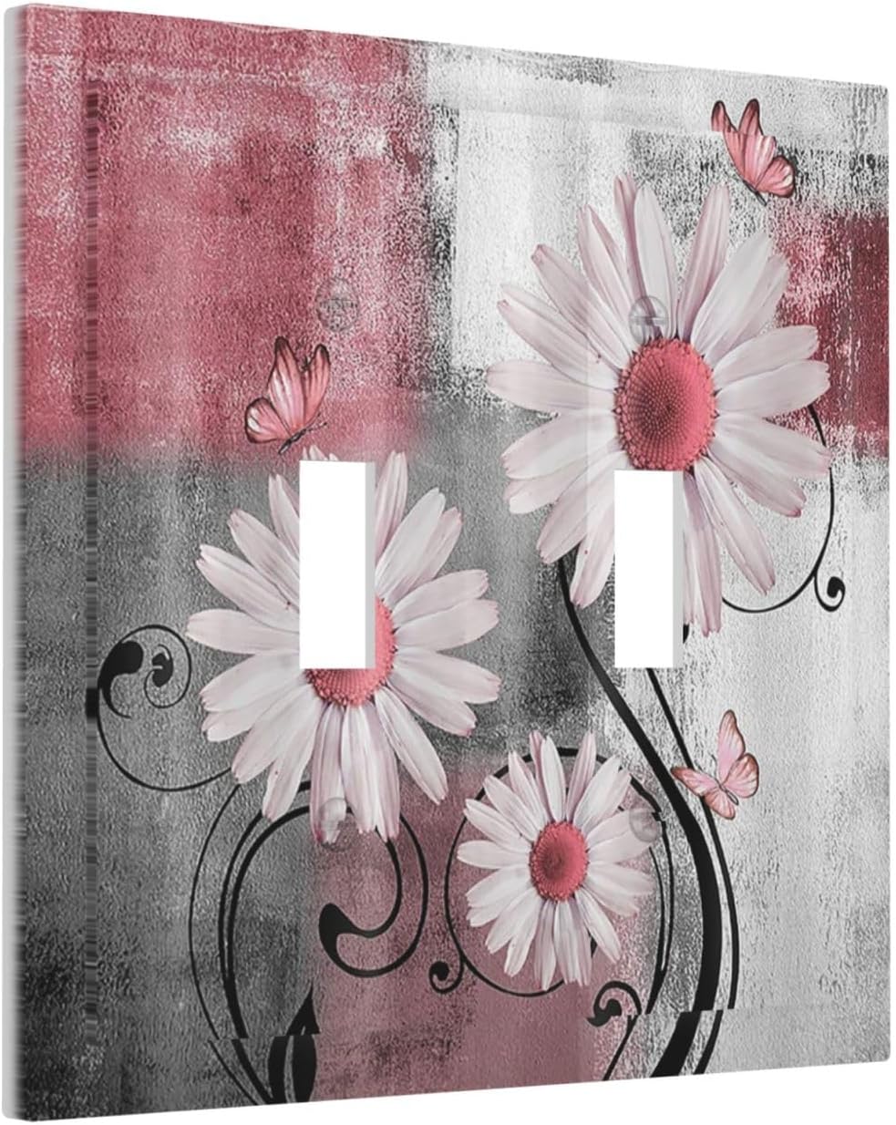 Decorative Switch Plates Pink Floral Rustic Daisy Flower And Butterfly 2 Gang Double Toggle Wall Plate Outlet Light Switch Cover Electrical Faceplate for Farmhouse Cabin Decor