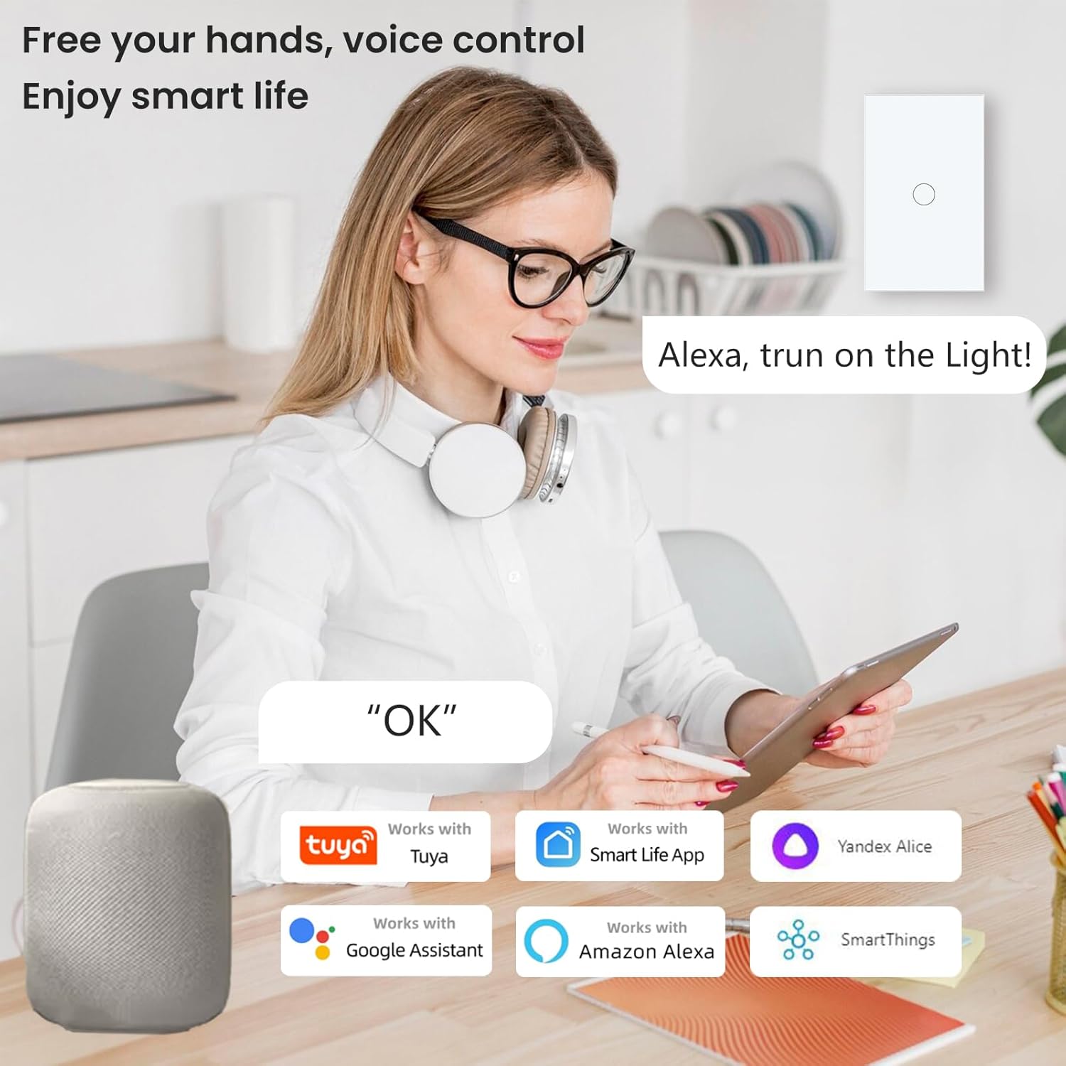 WiFi Smart Light Switch 118X72X34MM Need Neutral Wire,2.4GHz Wi-Fi Touch Switch,Work with Smart Life/Tuya App, Compatible with Alexa and Google Home, White 1 Gang
