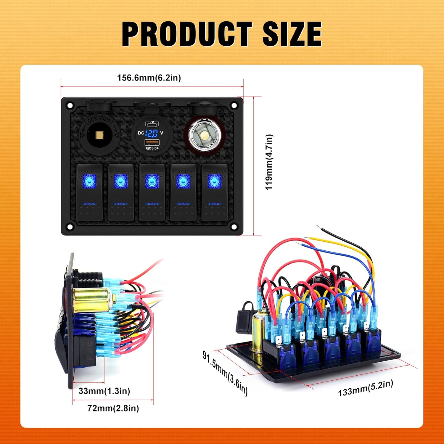 Marine Boat Rocker Switch Panel,Waterproof 5 Gang Toggle Switch Panel with Dual USB and Voltmeter Panel for RVs, Cars, Boats, Trucks,Trailers - 12-24V