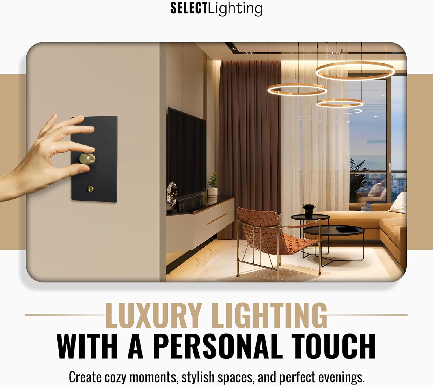 SELECT Black Brass Dimmer Light Switch, 1 Way Rotary Dimmer, 1 Gang TRIAC/Leading Edge Dimmable LED Light Switch, 15A 120V AC with Brass Knob, Faceplate & Dimming Module, UL Listed