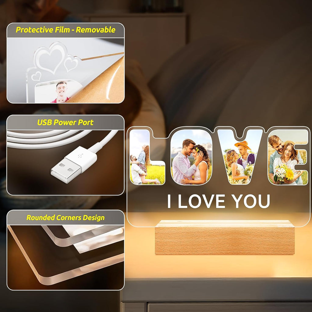 Custom Picture Frames with Photo, Personalized Picture Frame with Night Light, Customized Photo Frame Gifts, Personalized Anniversary Valentines Day Gifts for Women Men Her Him Girlfriend Boyfriend Couple