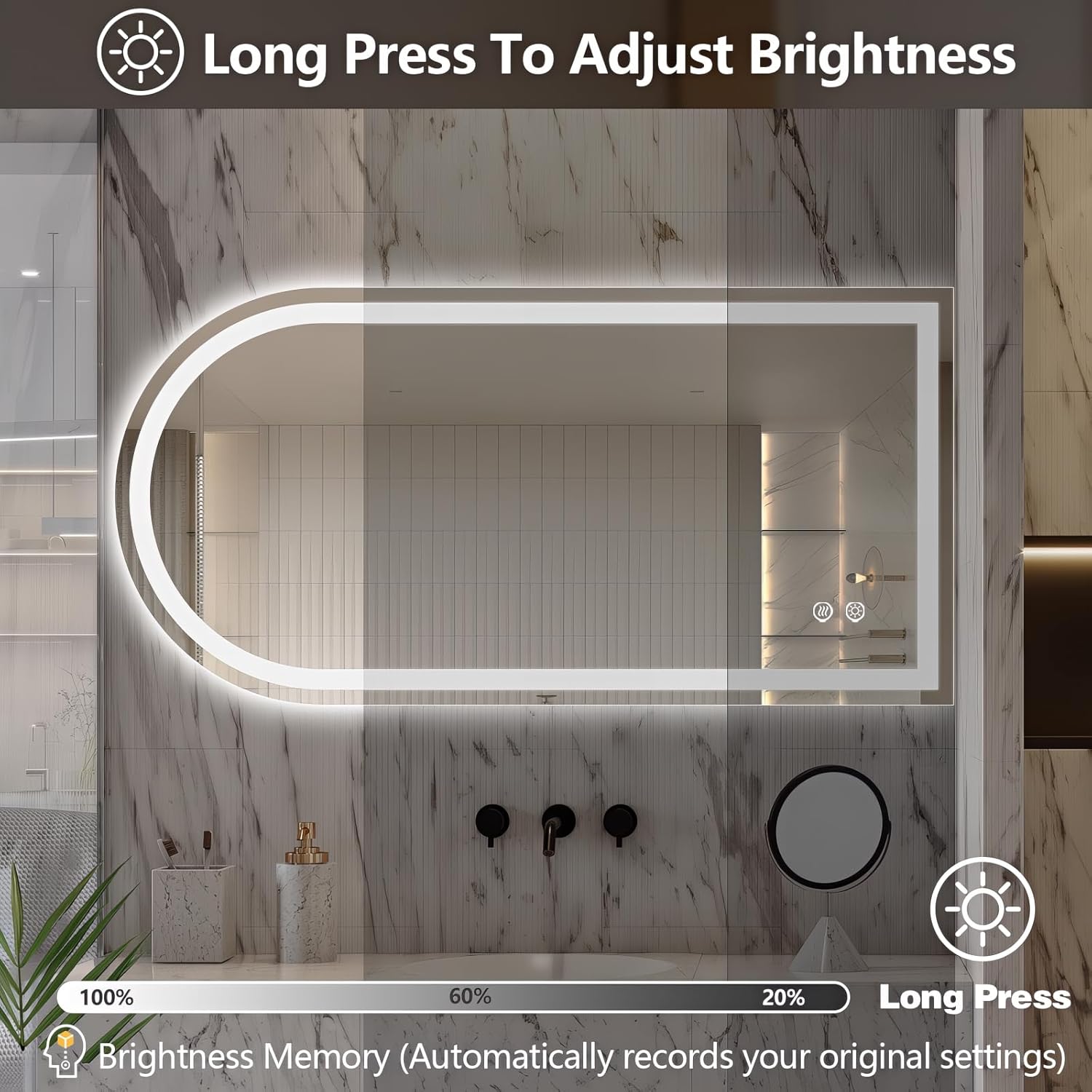 Niccy Arched LED Mirror for Bathroom, 48x24 Vanity Mirror with Light Frameless Bathroom Mirror, Smart Lighted Frontlit Mirrors with Memory Function for Bathroom Bedroom Beauty Hair Salon