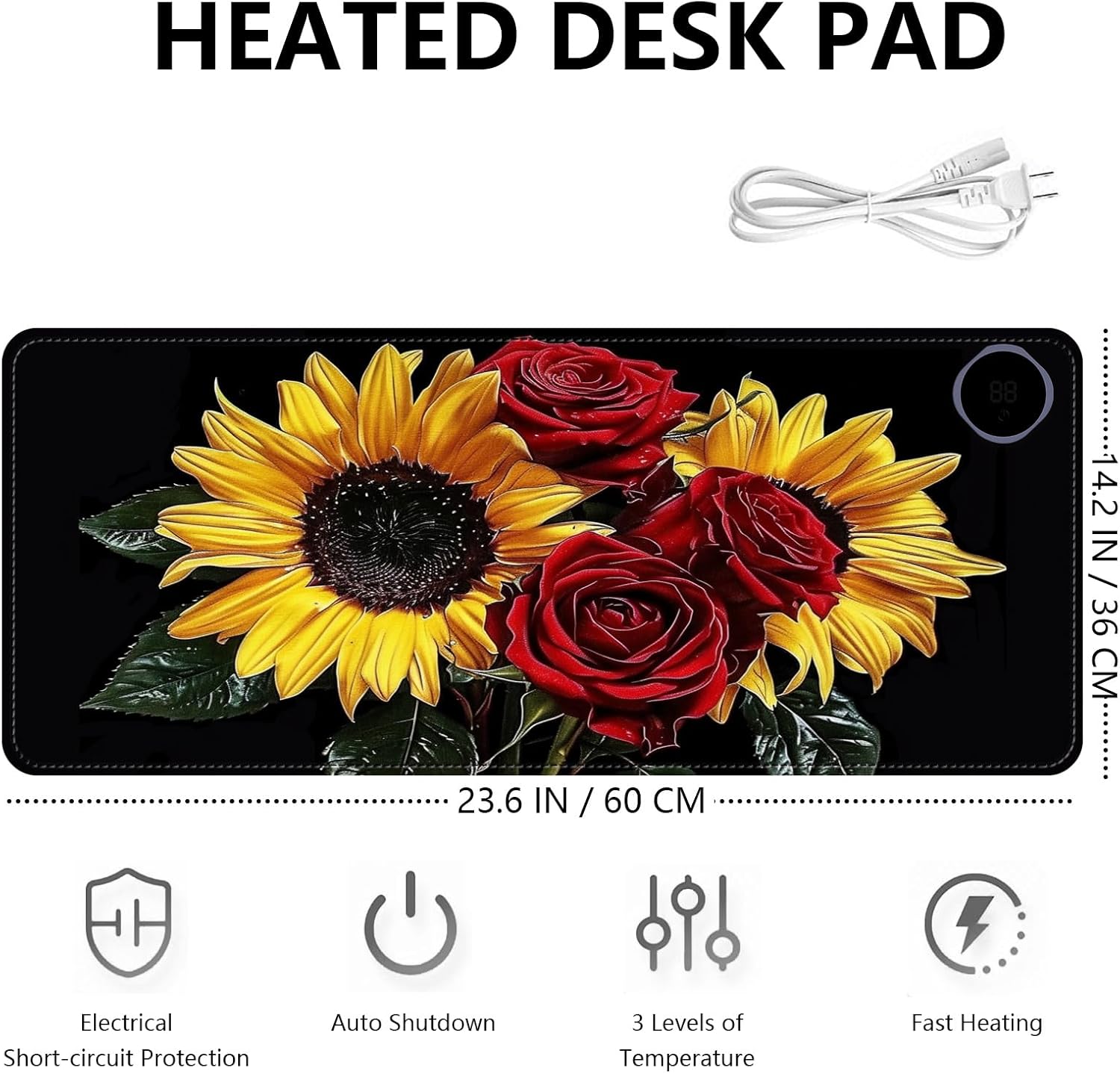 Heated Mouse Pad with 3 Levels Heated & 3 Hours Auto Shut-Off Mouse Pad for Warming Hands in Office Home, 23.6" x 14.2"Large Safe Desk Mat Hand Warmer，Rose Sunflower