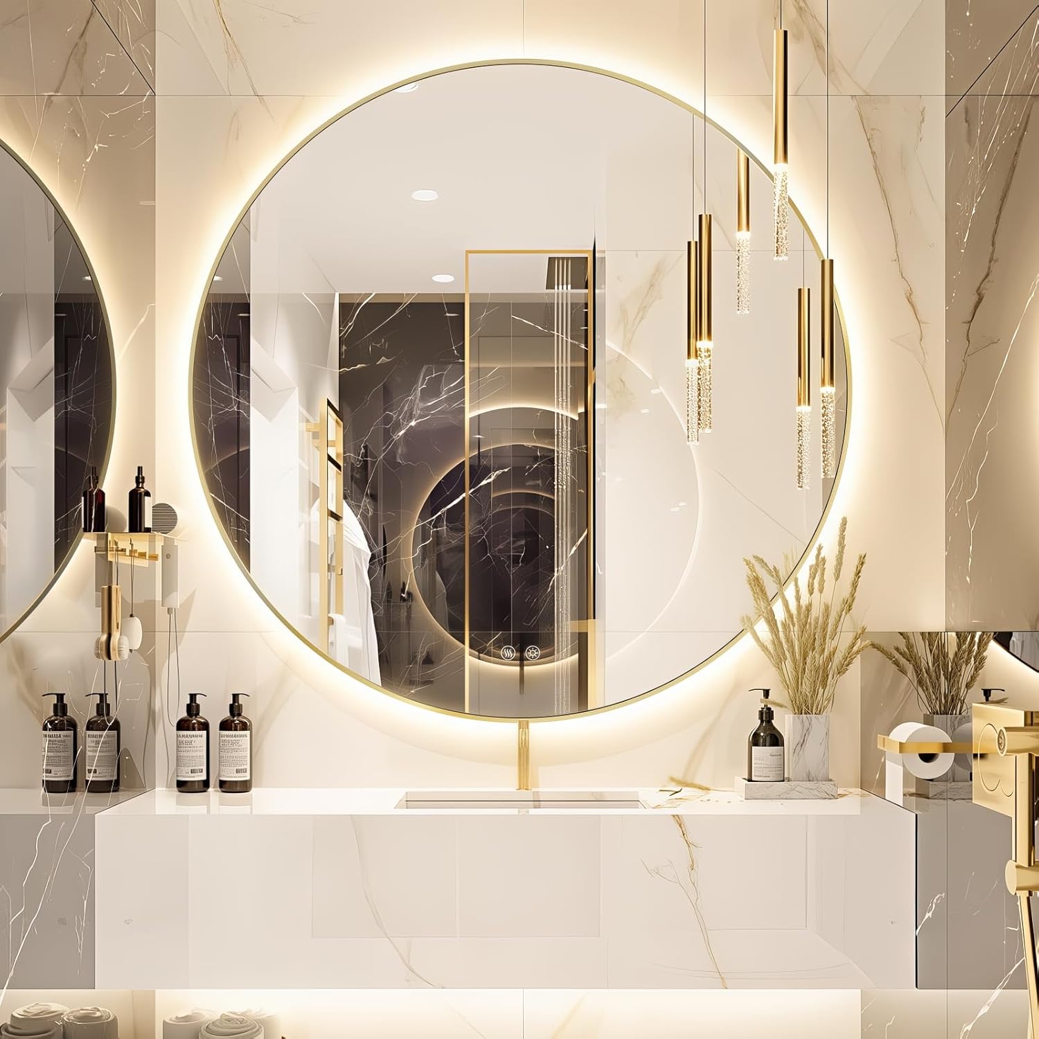 Niccy Round Led Mirror for Bathroom, 40" Backlit Mirrors for Wall Circle Lighted Mirror with Old Gold Frame Anti-Fog, 3 Colors, HD Glass and IP65 Waterproof