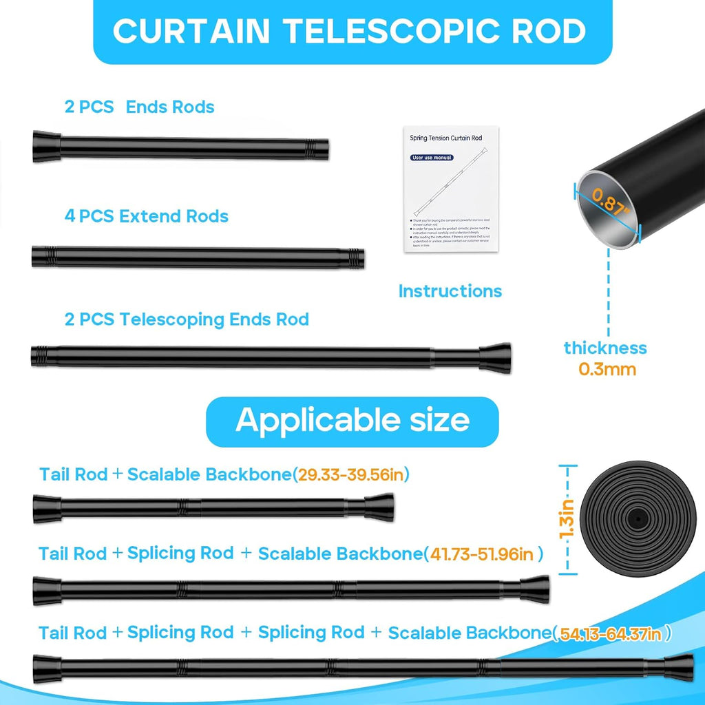 2 Pack Black Shower Curtain Rod 30 To 64 Inch Black Shower Tension Rod 7/8" Adjustable Curtain Rod No Drilling Spring Tension Curtain Rod Shower Rods for Bathroom Windows Doorways Closet