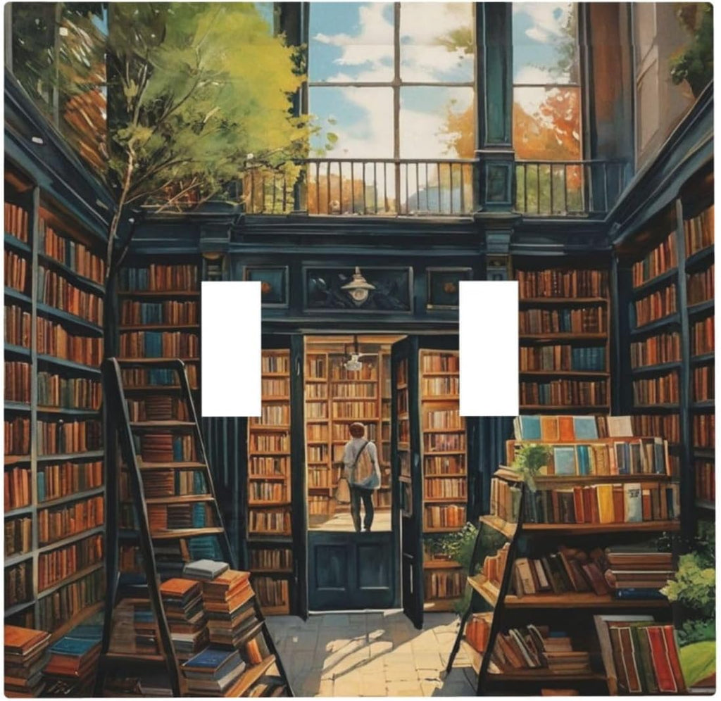 Library With A Lot Of Books Light Switch Covers Double Toggle 2 Gang Wall Plate Dual Decorative Switchplate Electrical Faceplate for Farmhouse Decor