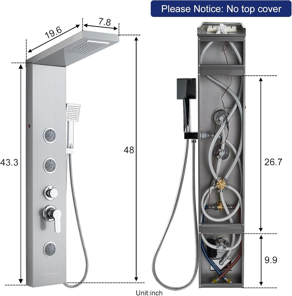 ROVATE LED Shower Panel Tower System with Rainfall Waterfall Shower, Shower Panel with Jets and Rainfall and Handheld, 5 in 1 Brushed Stainless Steel Shower Panel System High Pressure with Tub Spout