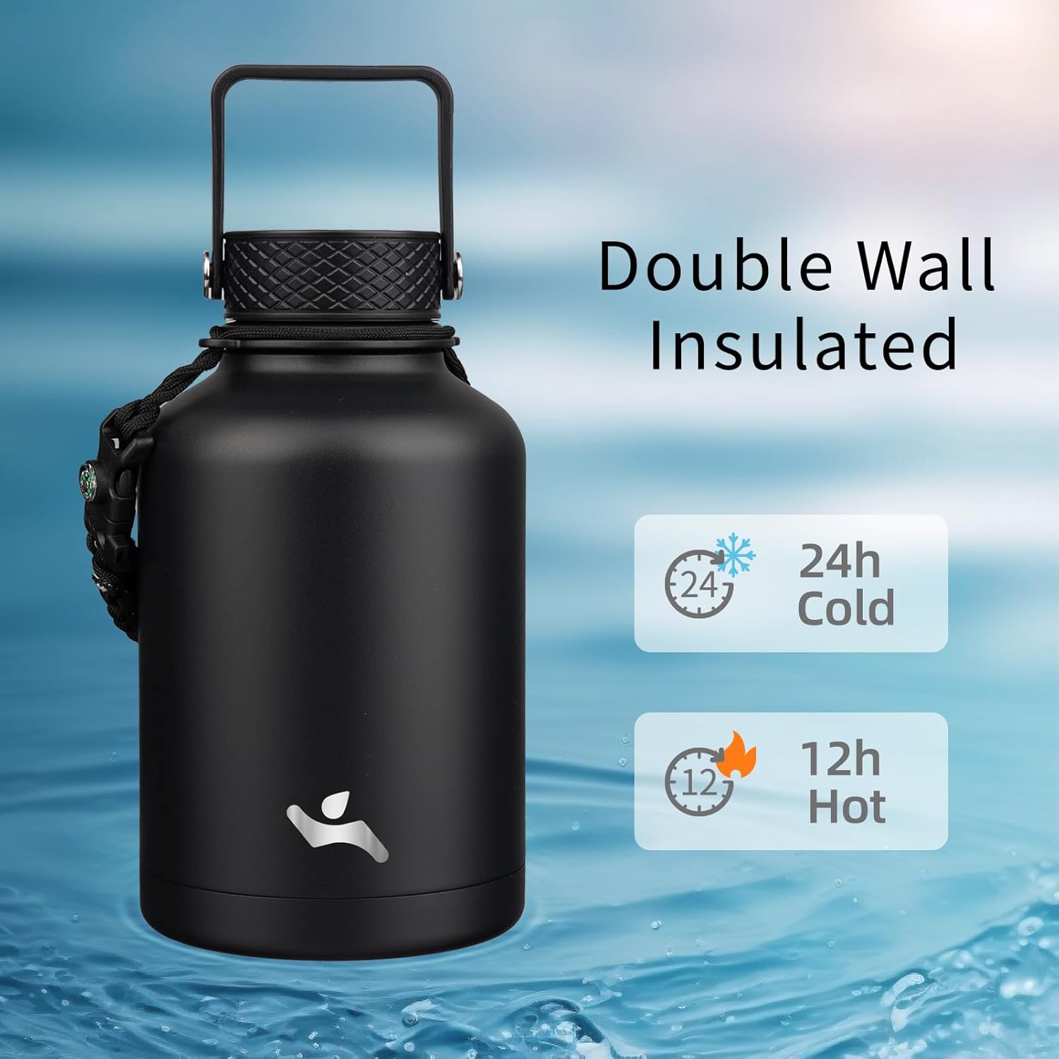 Insulated Water Bottle with Straw,50 oz 3 Lids Water Jug with Carrying Bag,Paracord Handle,Double Wall Vacuum Stainless Steel Metal Flask,Black