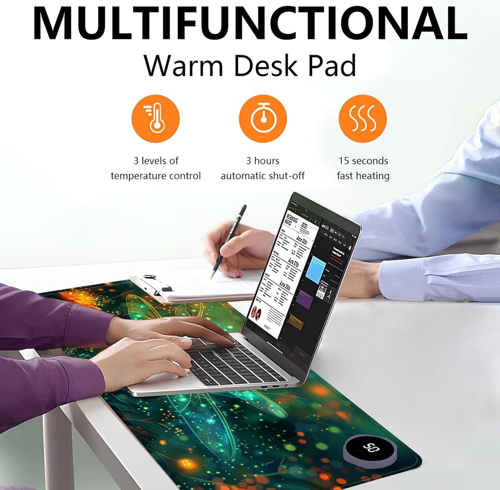 Heated Mouse Pad with 3 Levels Heated & 3 Hours Auto Shut-Off Mouse Pad for Warming Hands in Office Home, 23.6" x 14.2"Large Safe Desk Mat Hand Warmer，Glowing Dragonfly