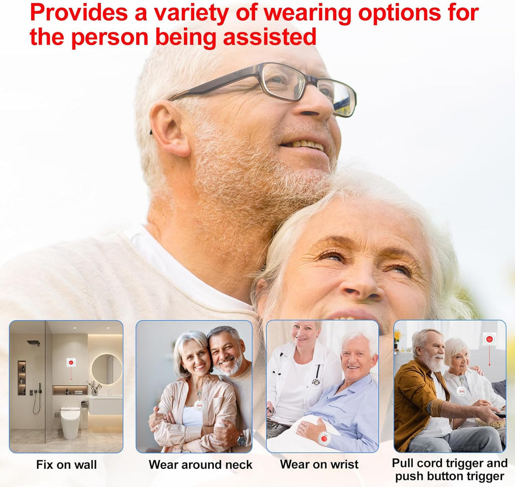 XUK WiFi SOS Caregiver Pager Call Button for Elderly, No Monthly Fee 2.4GHz Wi-Fi APP Control Wireless Nursing Call System with 2 SOS Watch Pagers & 1 Receiver Life Alert Systems for Seniors