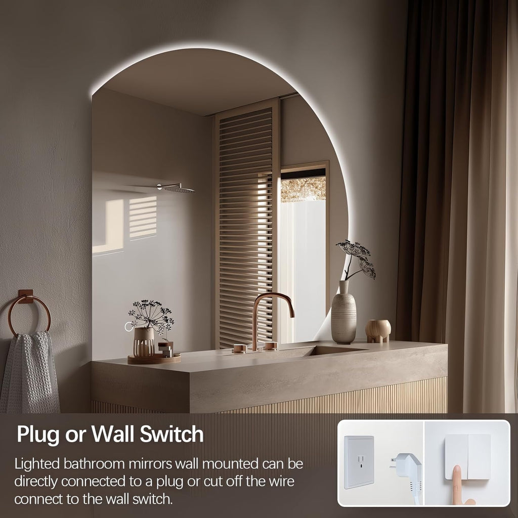 Niccy Half Moon LED Mirror for Bathroom, 32" Semi Backlit Mirror Frameless Makeup Mirror with Light, Anti-Fog, Shatter-Proof, 3 Colors, Smart Vanity Mirror