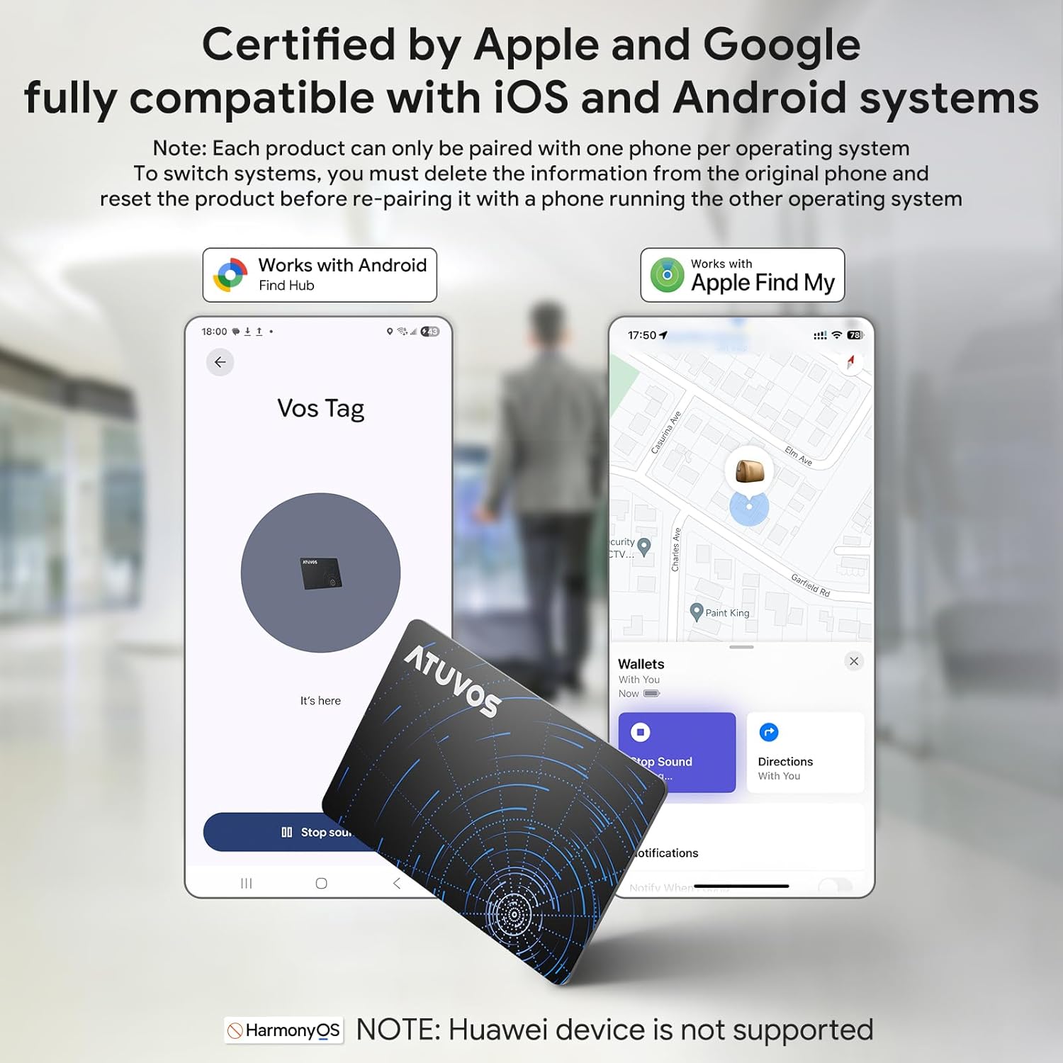 ATUVOS Dual-System Air Card Tag 1 Pack, Rechargeable Wallet Tracker Compatible with Android Google Find Hub or iOS Apple Find My APP, Smart Item Finder Locator for Wallet/Luggage/Passport