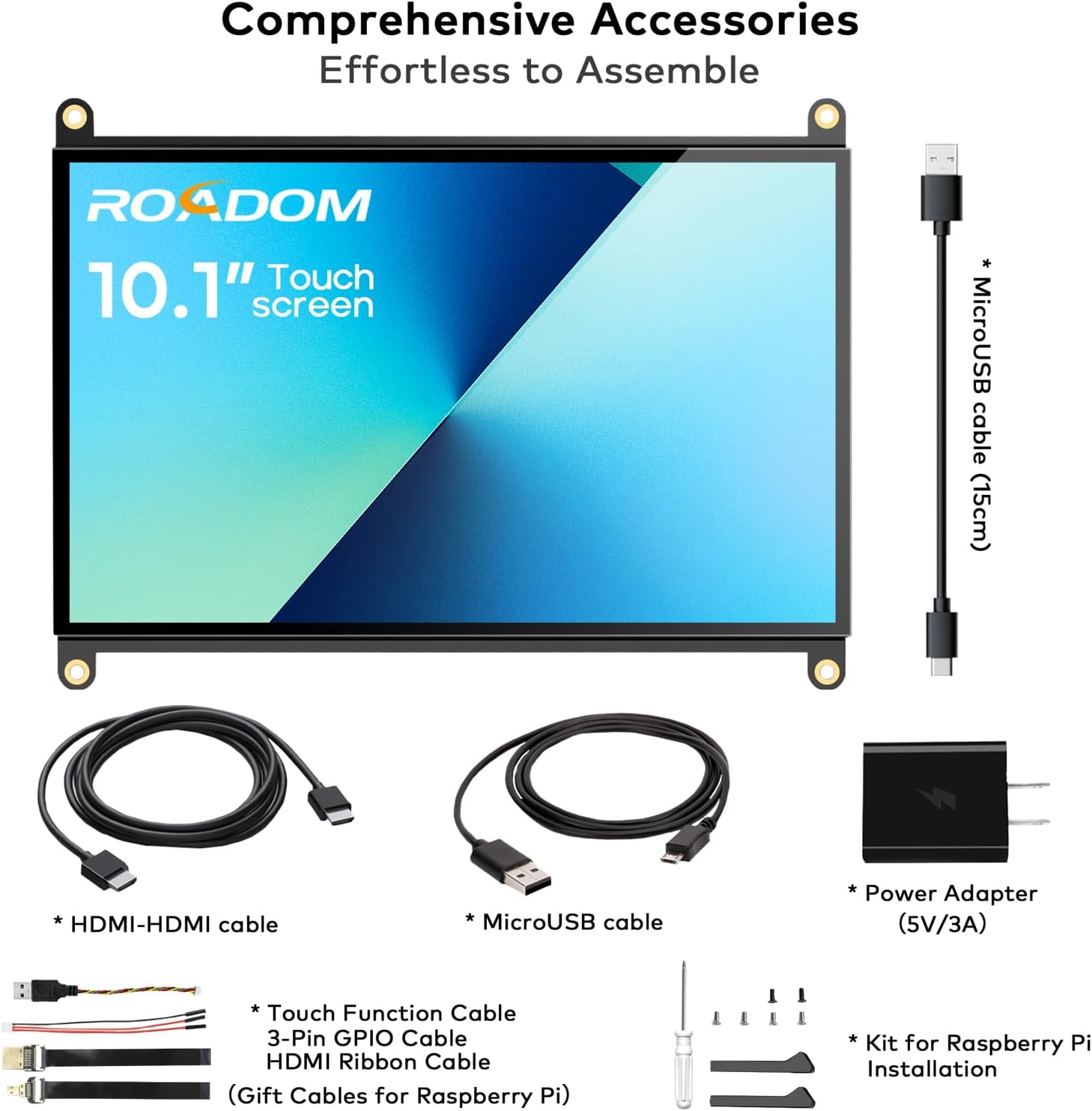 ROADOM Raspberry Pi Screen, 10.1’’ Touchscreen Monitor, IPS FHD 1024×600,Responsive and Smooth Touch,Dual Built-in Speakers,HDMI Input,Compatible with Raspberry Pi 5/4/3/Zero,Easy Assembly,Driver Free