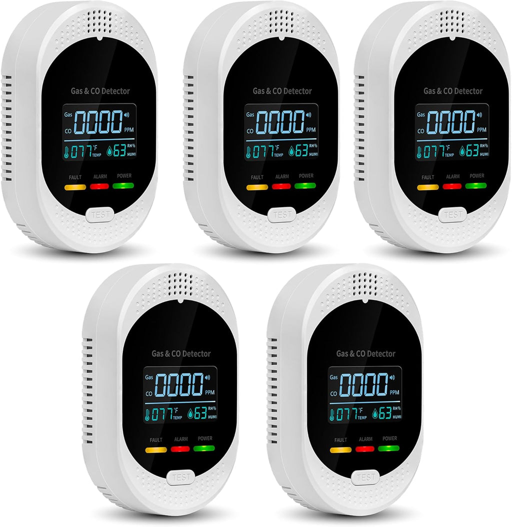 5PCS 4-in-1 Carbon Monoxide & Natural Gas Detectors with Temperature/Humidity LCD Display, Plug in Co Leak Detector Propane Monitor for Home Travel RV Essentials, Sound Alarm Over 85dB