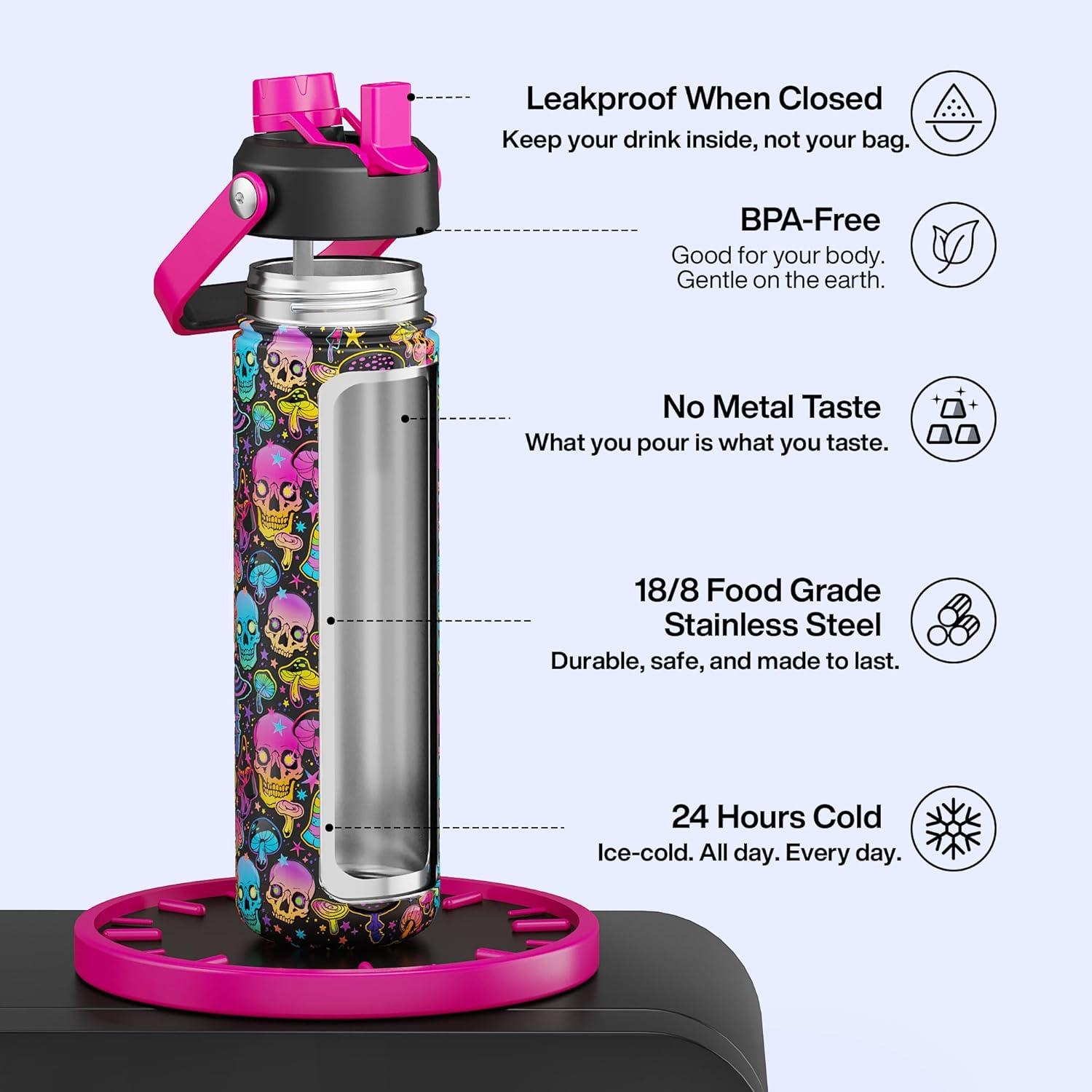 ENCOOL Insulated Water Bottle with Straw Stainless Steel Water Bottle, Leak-Proof, BPA-Free, Double Wall Vacuum Keeps Cold for 24 Hours for Sports, Travel, School (26 oz, Trippy Skulls)