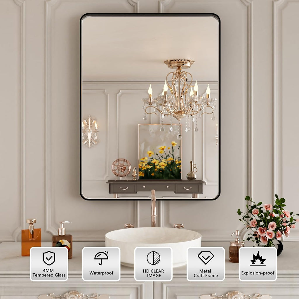 Black Bathroom Vanity Mirror 24x30 Inch,Rounded Rectangle Matte Black Mirror for Bathroom Wall,Tempered Glass,Horizontal or Vertical