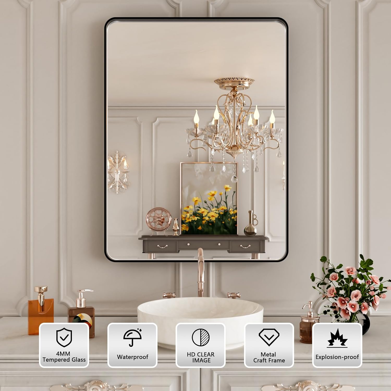 Black Bathroom Vanity Mirror 24x30 Inch,Rounded Rectangle Matte Black Mirror for Bathroom Wall,Tempered Glass,Horizontal or Vertical