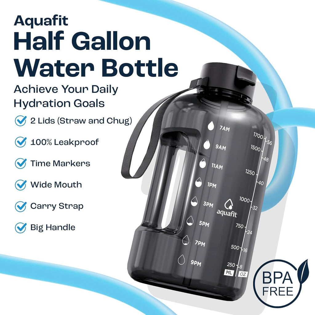 AQUAFIT 64 oz Water Bottle with Time Marker - Straw & Chug Lid - BPA Free Half Gallon Gym Water Bottle with Handle - Big Gallon Jug (Forest Fade, 64 Ounces)