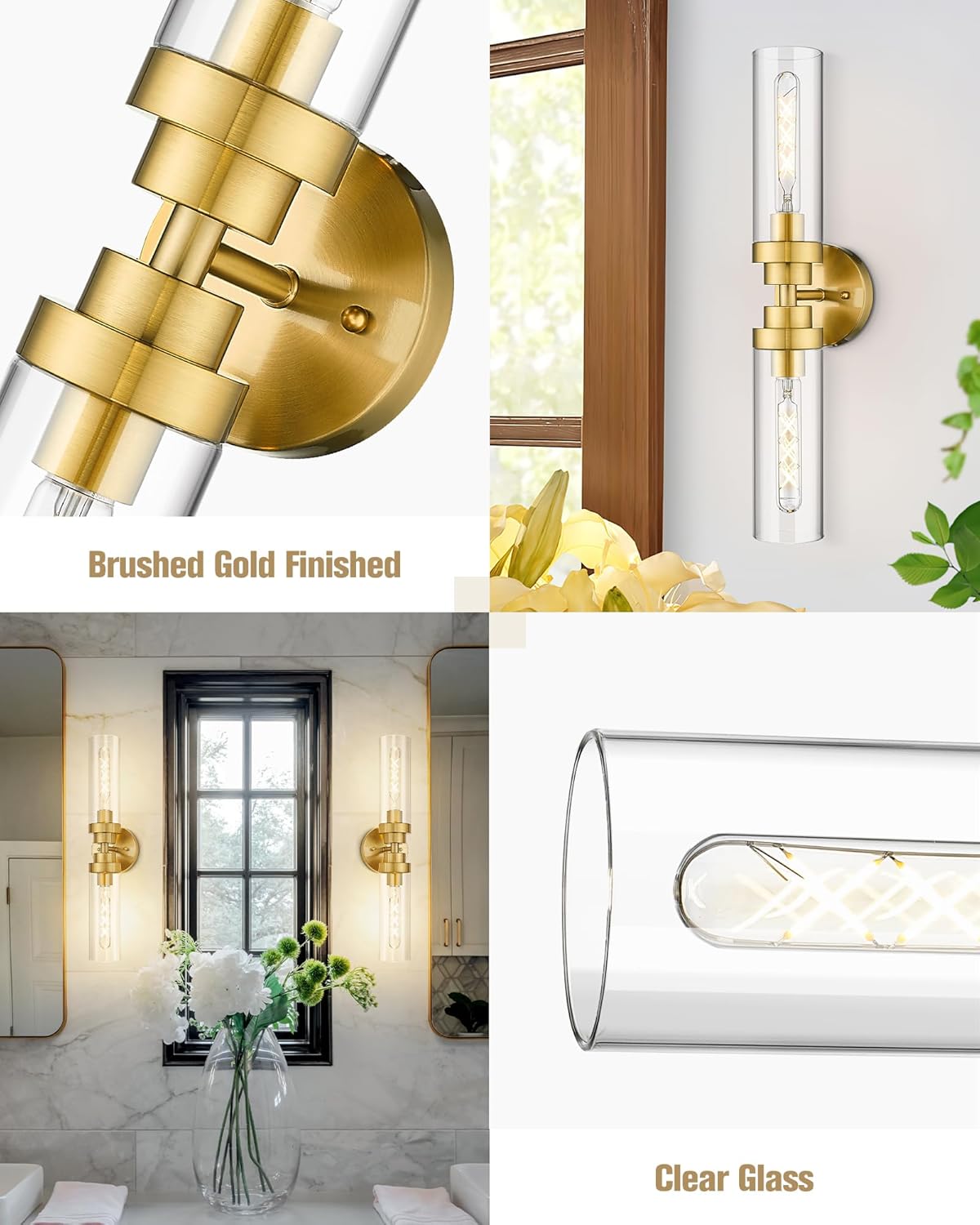Emak 2-Light Bathroom Vanity Light Fixtures, Modern 22 Inch Brushed Gold Vanity Lights with Clear Glass Shade, Cylinder Wall Sconces for Bathroom, Bedroom, Hallway, VL085-BGD-2