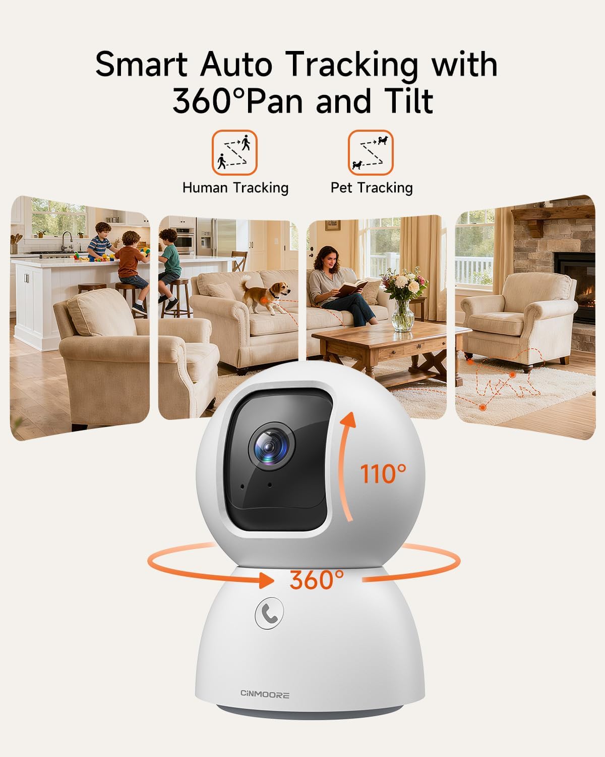 Smart 3K Indoor Dome Security Camera with AI Human/Pet/Facial Detection, 360° Pan-Tilt Coverage, 2-Way Audio, 2.4GHz 5GHz Dual-Band Wi-Fi - Includes 64GB SD Card & No Subscription Needed