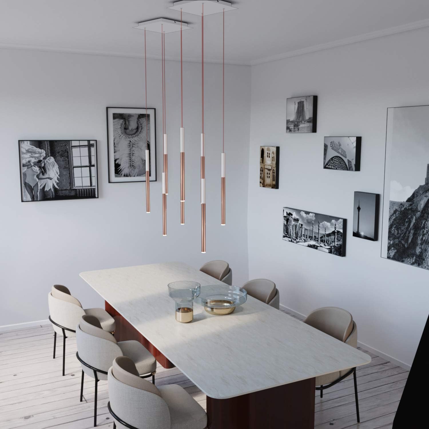 ALTAIR 4 Mini Pendant Lighting White-Copper - LED Hanging Light Fixture for Kitchen Island, Bar, Foyer - Cluster Pendants - Dimmable, Adjustable Wire, Lamp Bulb Included