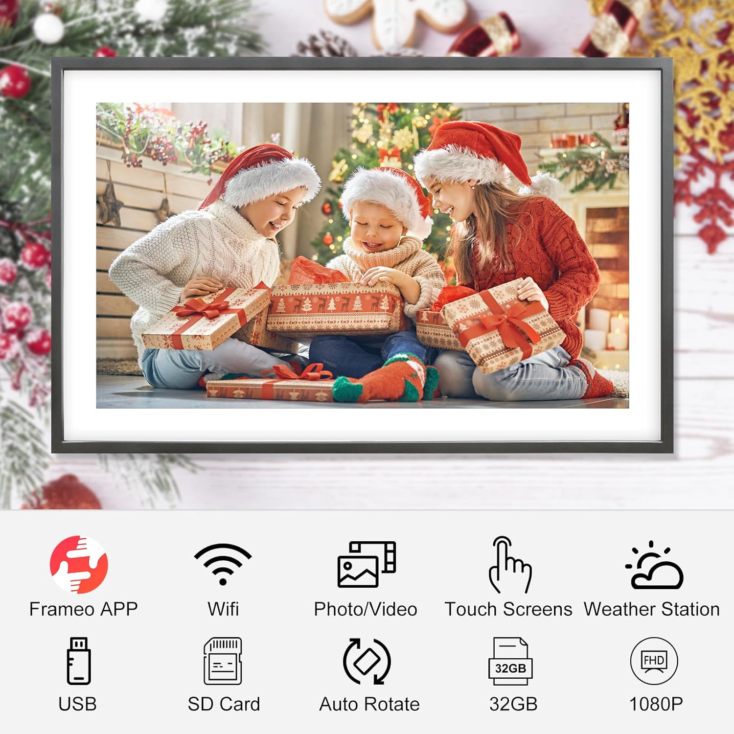 Digital Picture Frame 15 Inch Large Frameo Digital Photo Frame，32GB, 1920 * 1080 IPS HD Touch Screen, Electronic Picture Frame IPS Touch Screen with Auto-Rotate, Frameo Digital Frame WiFi
