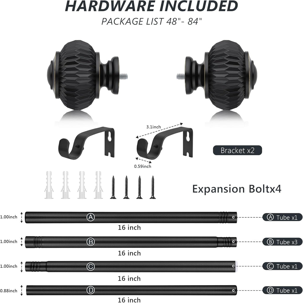 Black Curtain Rods for Windows 48 to 84 Inches 1 Inch Adjustable Heavy Duty Curtain Rods with Lantern Ball Finials,Window Treatment Single Curtain Rod Set
