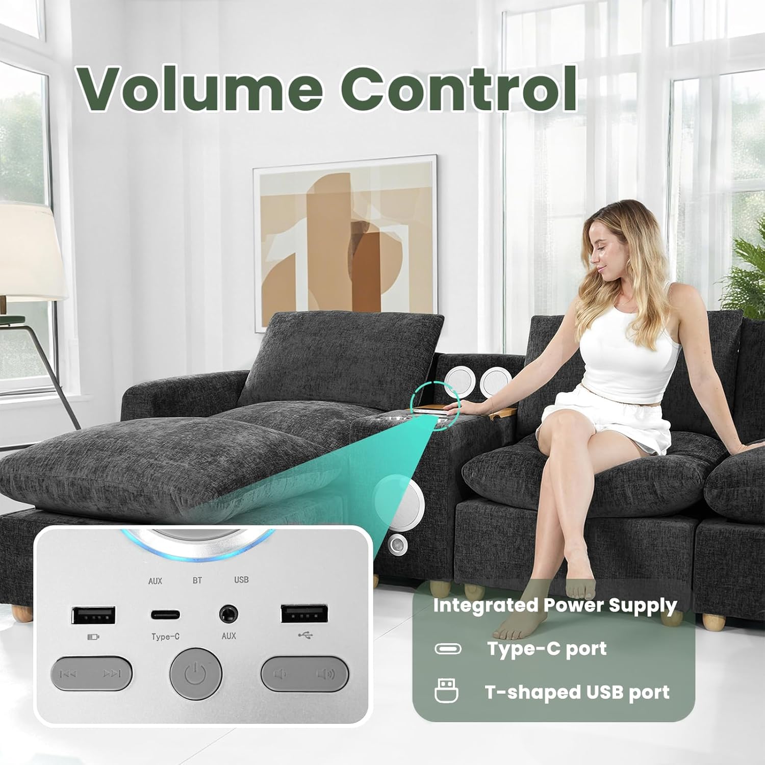Brelice Modular Sofa Console with Wireless Charging & Bluetooth Speaker - All-in-One Armrest Organizer with Wired Charging, Storage Tray, Volume Control for Sectional Couch, Living Room