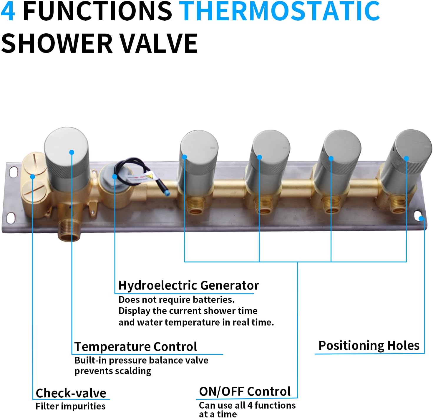 4 Way Shower Diverter Valve 4 Outlets Multi Function Brass Temperature Digital Display Shower Mixer Valve Can Run Simultaneously and Flow Control Brushed Nickel