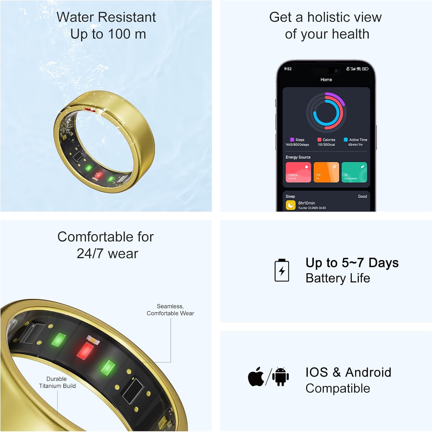 Ring OnePlus - Ultra-Thin Titanium Smart Ring - 7 Days Battery Life - Fitness/SPO₂/Stress/HR/Sleep Skin Temperature Tracker - No App Fee - iOS&Android Compatible (Gold,Size 11)
