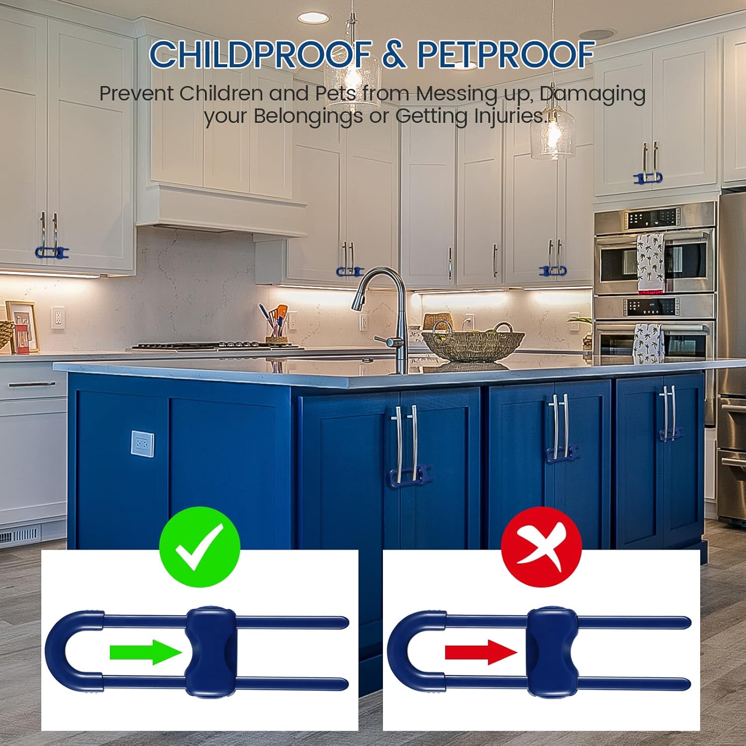 Jetec 10 Pieces Cabinet Locks for Babies, U-Shaped Proofing Drawers Safety Child Locks Adjustable, Easy to Use Childproof Latch for Knob Handle on Kitchen Door Storage Cupboard Closet (Blue)