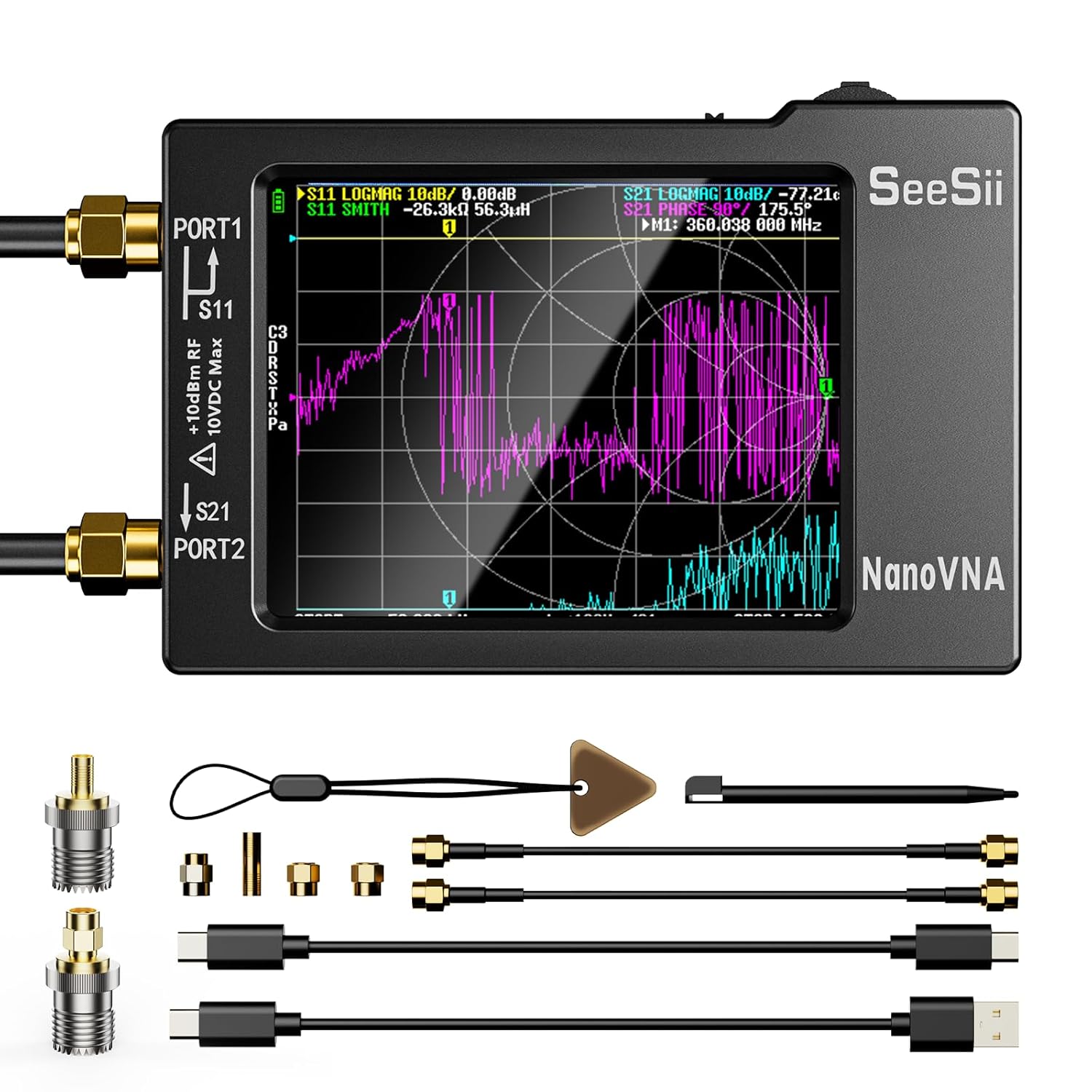 SEESII Nanovna-H Vector Network Analyzer with SMA Adapter, HW3.6 10KHz-1.5GHz MF HF VHF UHF Antenna Analyzer, Measuring S Parameters, Voltage Standing Wave Ratio,Phase,Delay,Smith Chart