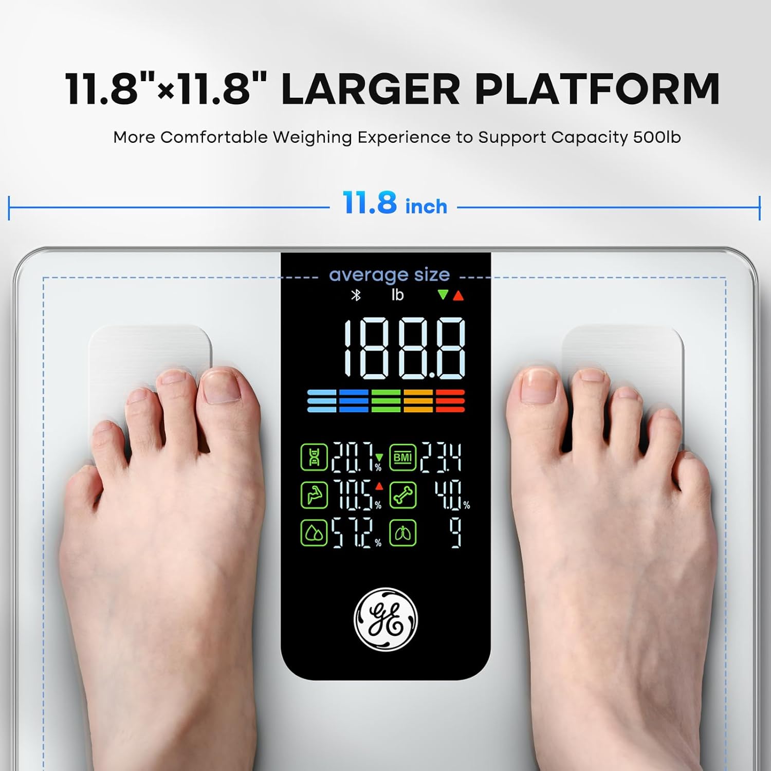 GE Smart Scale for Body Weight, BMI, Body Fat, Muscle Mass, Digital Bathroom Scales 500lbs for Bluetooth Weight Monitor 11.8" Large Platform Weighing Machine Health Analyzer with App, White