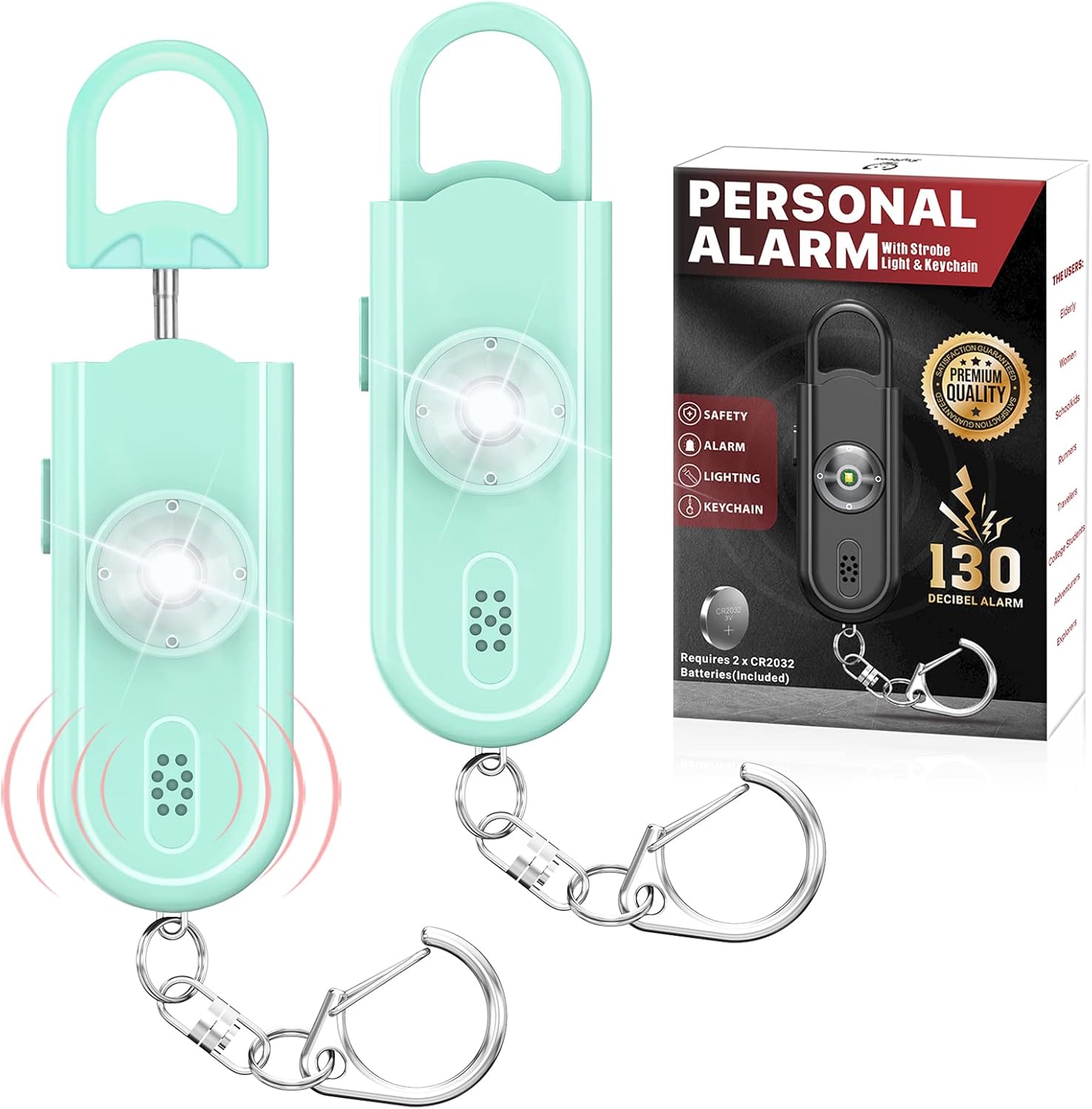 Personal Safety Alarm Keychain for Women 2PCS -130 dB Loud Siren with SOS Strobe Light, Flashlight, Double Speakers, Safe Defense Key Chain for Girls Kids Elders Emergency Call