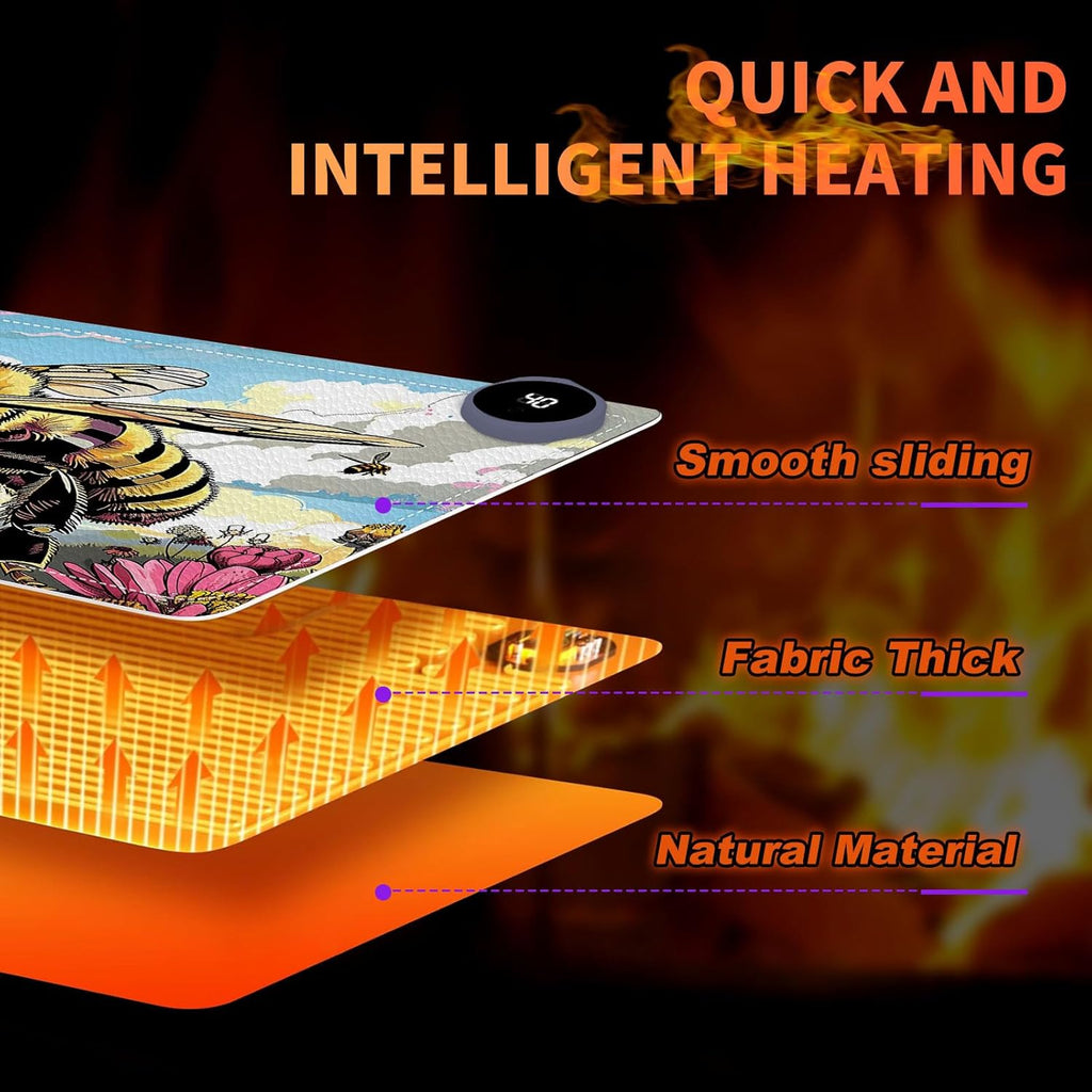 Heated Mouse Pad, Warm Desk Pad, Keyboard Mat 23.6 x 14 Inch Large Size Intelligent Fast Heating, 3 Speed Adjustable, Timed Auto Power Off for Game Office Home, Bees Collect Honey