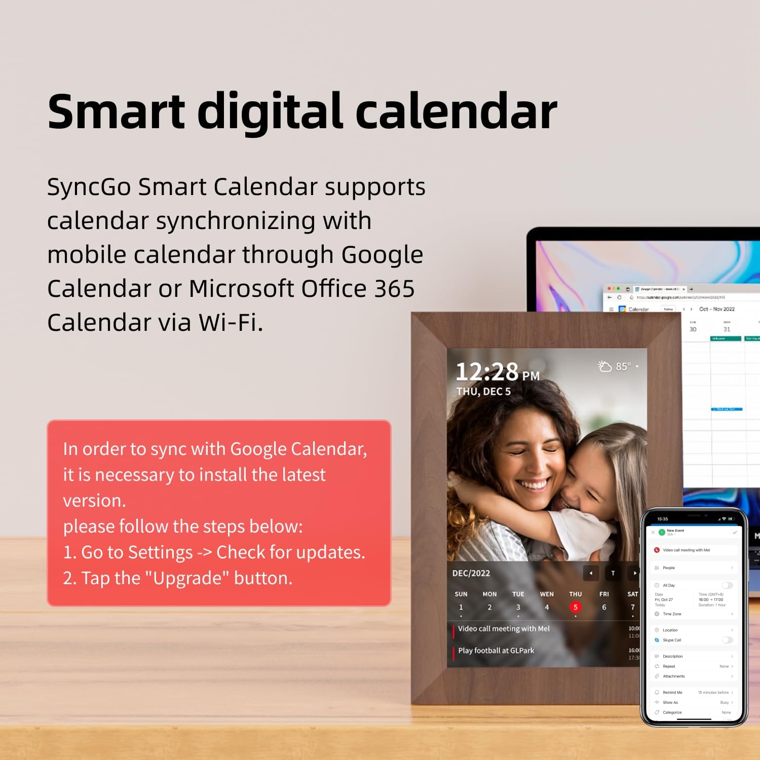 10.1 Inch Smart Wi-Fi Digital Calendar (Wood Grain) - Displays Your Photos, Wi-Fi Sync with Google Calendar, Wide Angle HD View