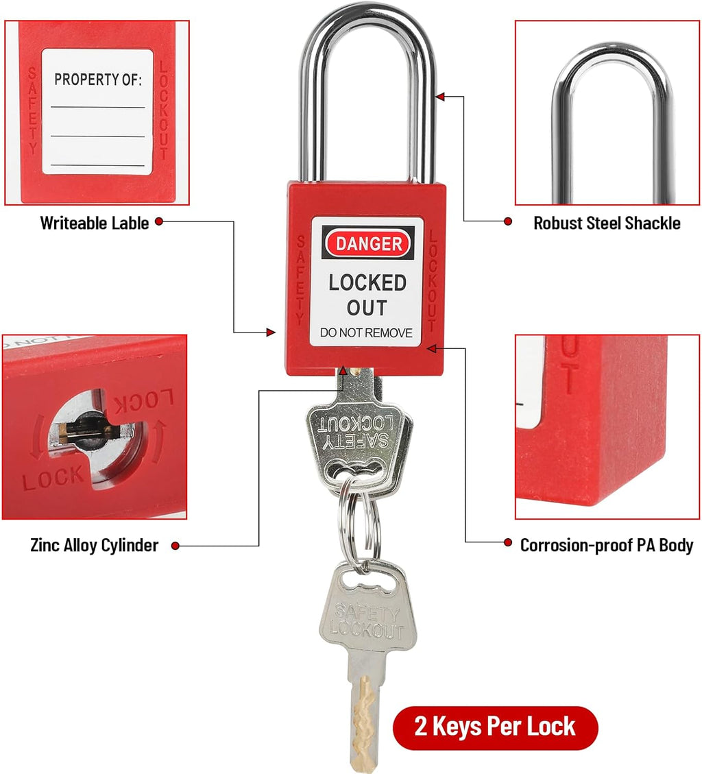 Lockout Tagout Kit Electrical Loto 33Pcs - Safety Padlocks Clamp-On Circuit Breaker Lockout, Group Lockout Hasps, Lockout Tag, Universal Multi- Pole Breaker and Red Carrying Bag